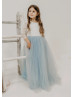 Ivory Lace Dusty Blue Tulle Gorgeous Flower Girl Dress